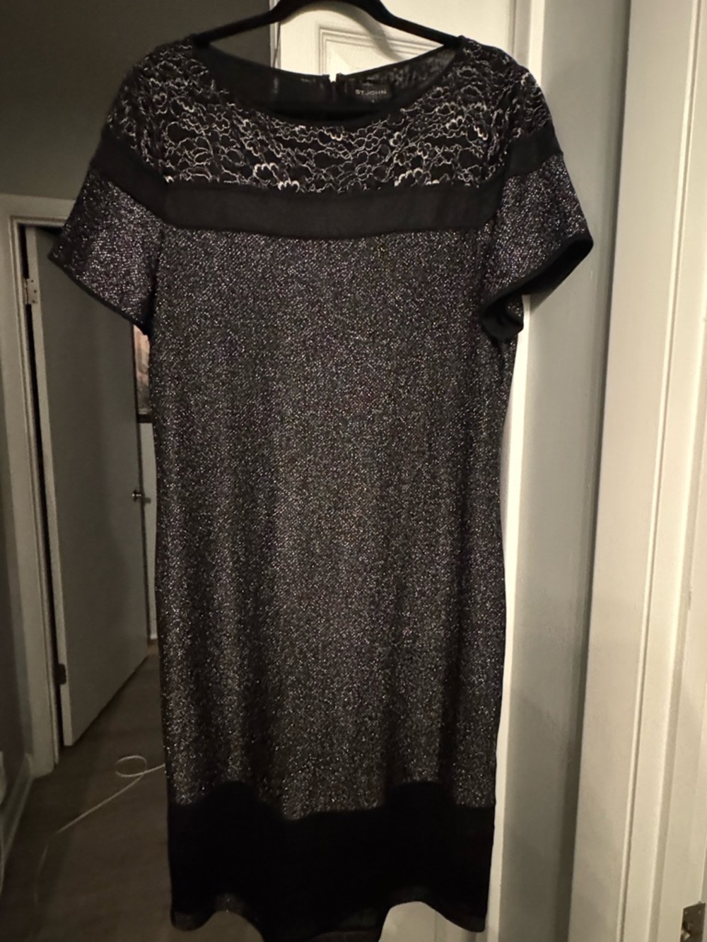 St. John Collection Black Metallic Lace-Yoke Sheath Dress